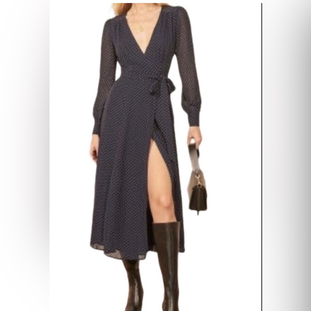 Reformation Navy Polka Dot Long Sleeve Dress